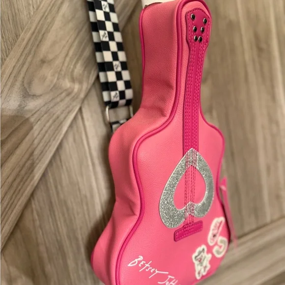 Betsey Johnson Pink Guitar Bag with Checkered Strap - Picture 2 of 5